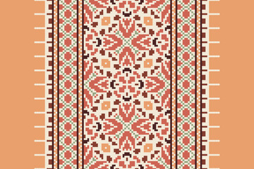 Ethnic pixel geometric seamless pattern with paisley on beige background. Native oriental cross stitch knitting design for fabric, decoration, wallpaper, border decor, element, texture, textile, print