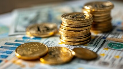 A close-up shot of gold coins stacked neatly on a financial report, symbolizing investment in precious metals. The background includes banknotes and charts to emphasize the diverse aspects of