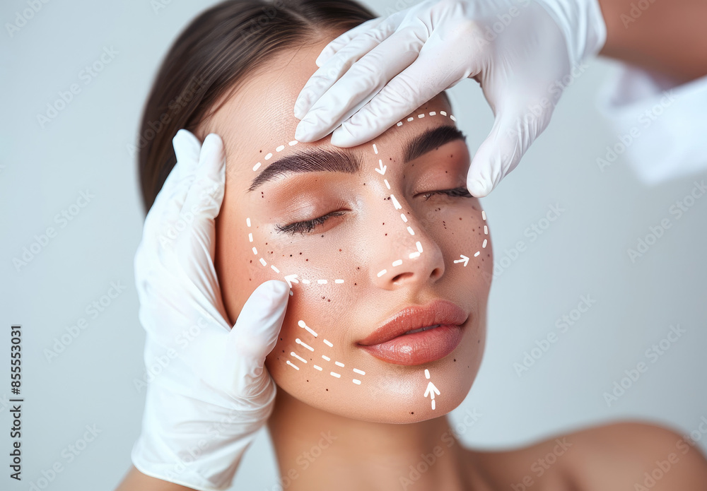 Wall mural A woman is having her face gently treated by an aesthetician with white gloves on, and there are some drawn arrows indicating the area being treated for cosmetic aesthetics.