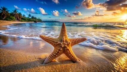 Fototapeta na wymiar Close-up of a starfish on the sandy beach, gentle waves in the background, tropical scene
