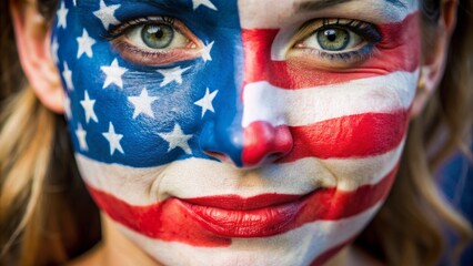 Obraz premium Detailed shot of a white girl with patriotic face paint, close-up, 4th of july