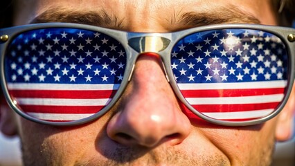 Close-up of a person's sunglasses with american flag lenses, patriotic accessory
