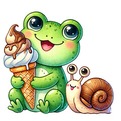 Obraz premium A cute cartoon frog with big eyes holds an ice cream cone while a snail with googly eyes looks on.