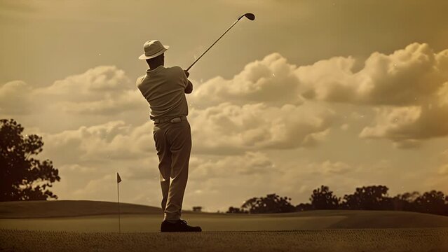Vintage black and white slow motion video of a golfer on the back swing next to a water hazard.