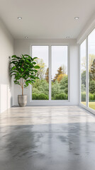 Fototapeta premium Living room interiors in neutral colors with light coming from a big window, minimal furniture and no people. Residential interiors decor composition for Real Estate.