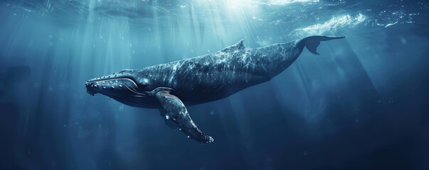 Fototapeta premium Big Whale swimming underwater under sea life with sunbeams