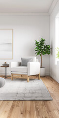 Fototapeta premium Living room interiors in neutral colors with light coming from a big window, minimal furniture and no people. Residential interiors decor composition for Real Estate.