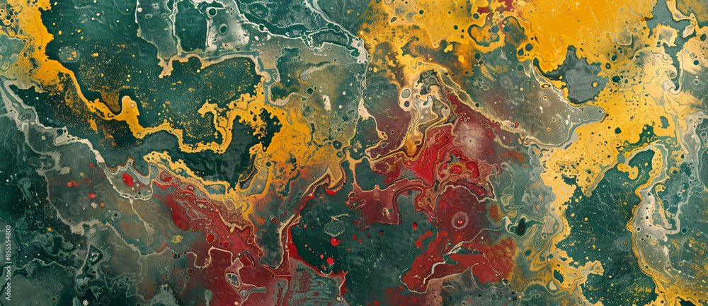 Poster abstract background with a textured marble pattern in green, yellow and red colors, like the pattern