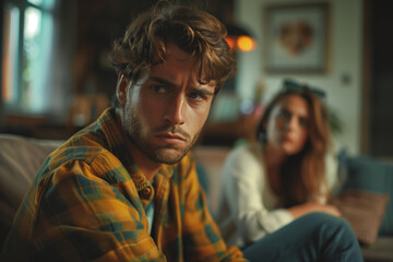 Obraz premium Man sitting on couch looking away in living room with woman sitting beside him
