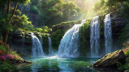 Fototapeta premium cinematic mountain with waterfall ai generated