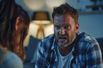 Fototapeta premium Angry man yelling at woman in a living room at night