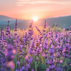 Naklejka premium lavender field at sunset