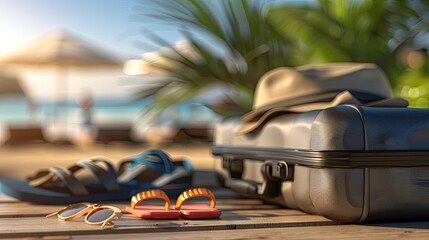 Travel essentials on a tropical beach with suitcase, hat, flip flops, and sunglasses. Vacation concept with palm trees and ocean background.