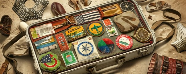 Fototapeta premium Vintage suitcase filled with travel memorabilia, patches, and souvenirs. Perfect representation of adventure and nostalgia.