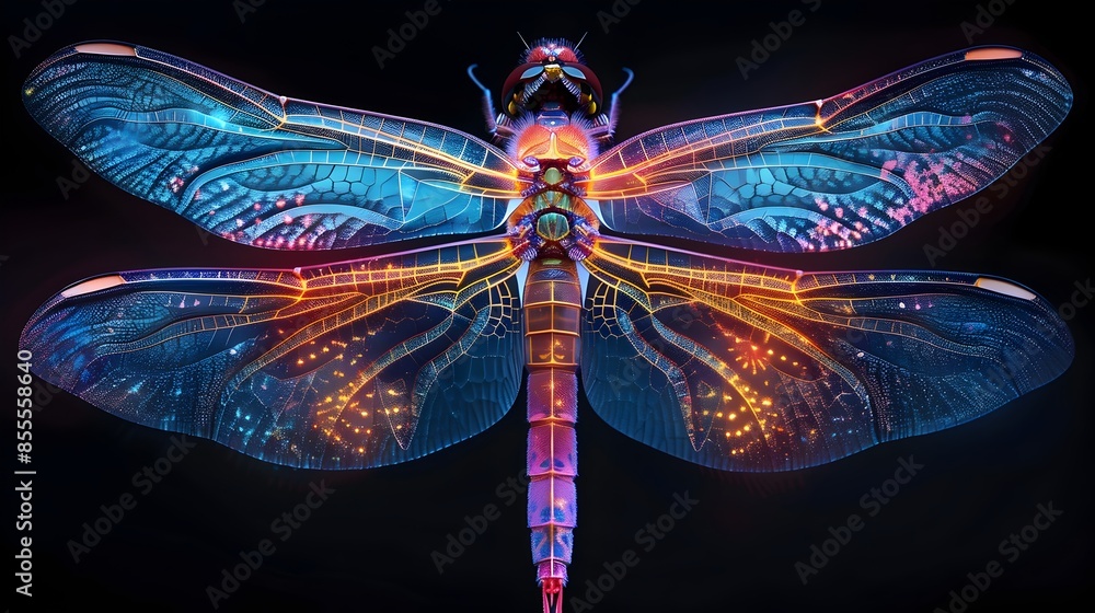 Poster mesmerizing neon dragonfly with intricate illuminated wings hovering against a mysterious black back