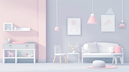 Modern nursery interior design with crib, plants, and decor.