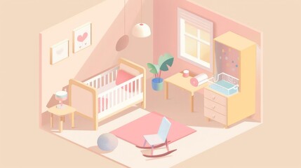 Isometric illustration of a cozy and decorated nursery room.