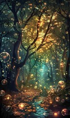 Fototapeta premium A magical fairy tale scene featuring enchanting bubbles and glowing light, creating a whimsical and otherworldly atmosphere