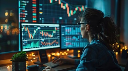 A visually engaging image of a person using a computer to analyze stock market trends, with financial graphs and charts in the background. The scene highlights the technological tools used in