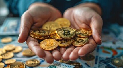 A close-up shot of hands holding gold coins and banknotes, representing financial transactions and investments. The background includes financial reports and charts to emphasize the diverse aspects