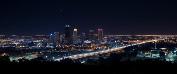 Naklejka premium Panoramic view of Tulsa skyline at night