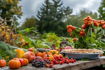 Autumn harvest display with fresh fruits, vegetables, and a homemade pie on a rustic wooden table outdoors.