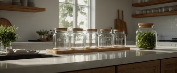 Photorealistic modern farmhouse kitchen sunlight streaming throu