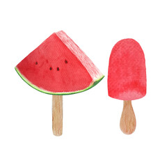 Watermelon ice-cream, slice with a few seeds on a wooden stick. Watercolor illustration isolated on white background, hand drawn for food design. Packages, menu, natural organic food label, logo decor