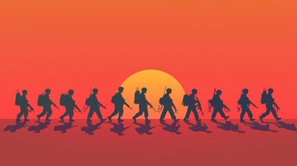 Fototapeta premium Silhouette minimalist illustration, Soldiers marching in formation, with the sun setting behind them and copy space on the left, evoking a sense of duty and patriotism