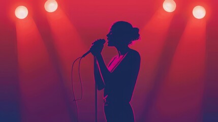 Silhouette of a female singer performing on stage with red spotlight