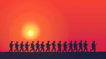 Fototapeta premium Silhouette minimalist illustration, Soldiers marching in formation, with the sun setting behind them and copy space on the left, evoking a sense of duty and patriotism