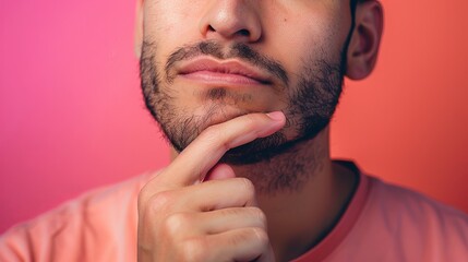 Fototapeta premium a man doing Stroking chin (thinking) gesture with hand , solid color studio background ,