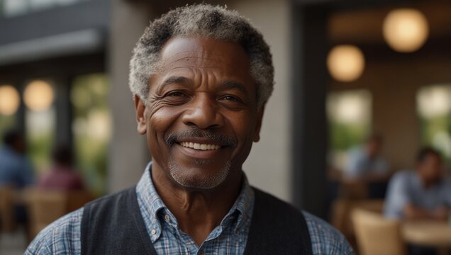 Happy mature African American gentleman on blurred modern home or restaurant background, with copy space.