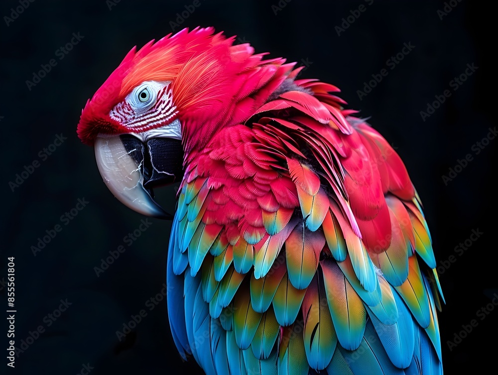 Poster neon parrot perched on black background with colorful vibrant feathers and sharp beak