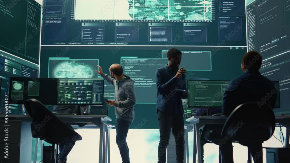 Poster governmental hackers analyzing cyber threats on big screens, managing important database hacking act