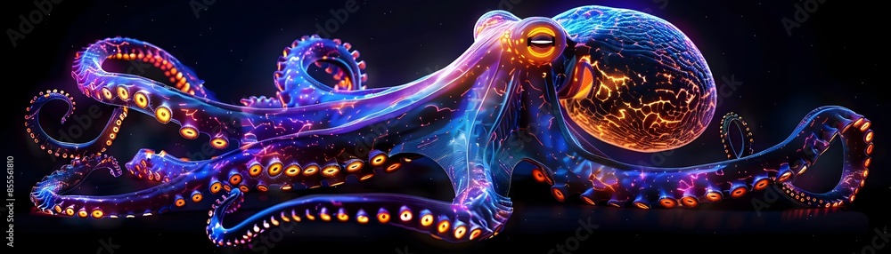 Poster neon octopus with intricate patterns illuminating a captivating underwater scene on a black backgrou