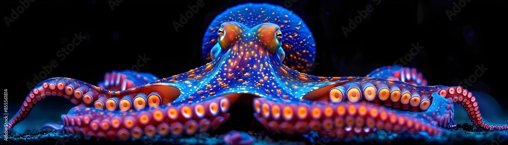 Poster neon octopus with mesmerizing tentacles in intricate patterns on dark background