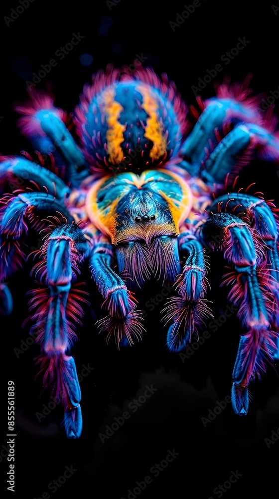 Aufkleber vibrant neon tarantula crawling on dark background with intricate patterns