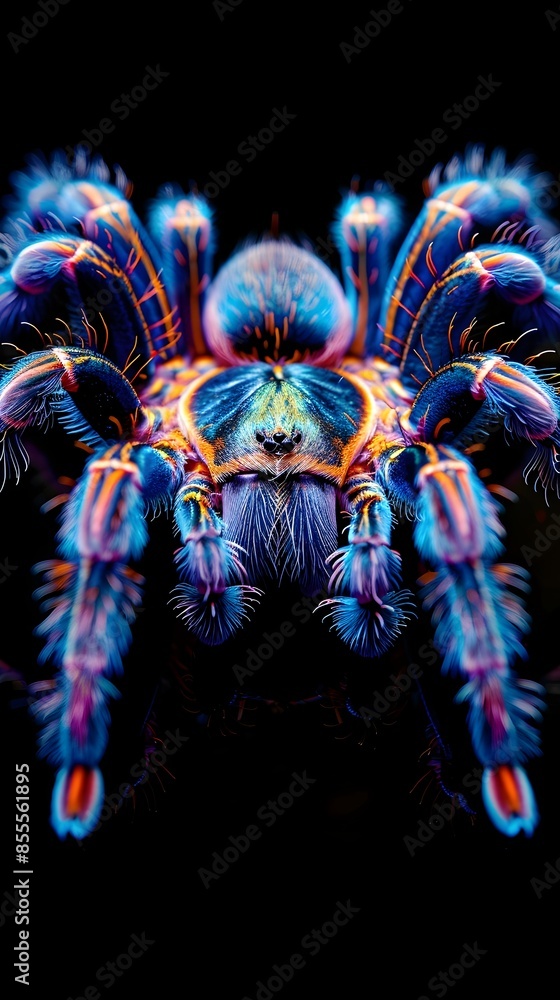 Poster neon tarantula crawling on black background with vibrant patterns