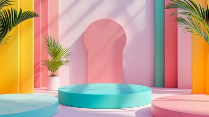 Geometric Elegance: Stylish Exhibition Podium with Converging Geometric Shapes Against a Soft Pastel Background for Product Presentation