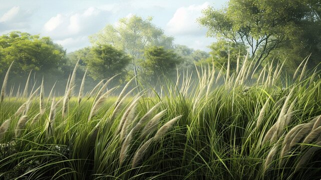 A crisp, high-definition depiction of Johnson grass in a natural setting, showing its long, arching leaves and characteristic seed heads; the plant's robust stature and dense, green foliage contrast