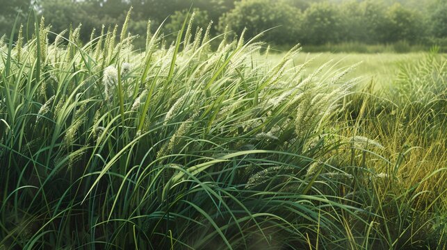 A crisp, high-definition depiction of Johnson grass in a natural setting, showing its long, arching leaves and characteristic seed heads; the plant's robust stature and dense, green foliage contrast