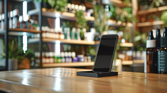 A black smartphone on a charging stand on a wooden counter in a shop, with shelves of products in the background.