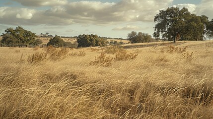 Obraz premium A finely detailed image of a field of tall, parched grass mixed with dry, brown weeds; the barren vegetation is surrounded by a sturdy, aged wall, and a row of distant trees adds depth to the scene