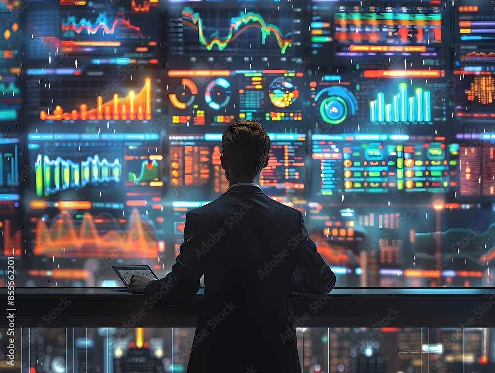 Poster business leader reviewing market analytics on multiple screens in data driven environment