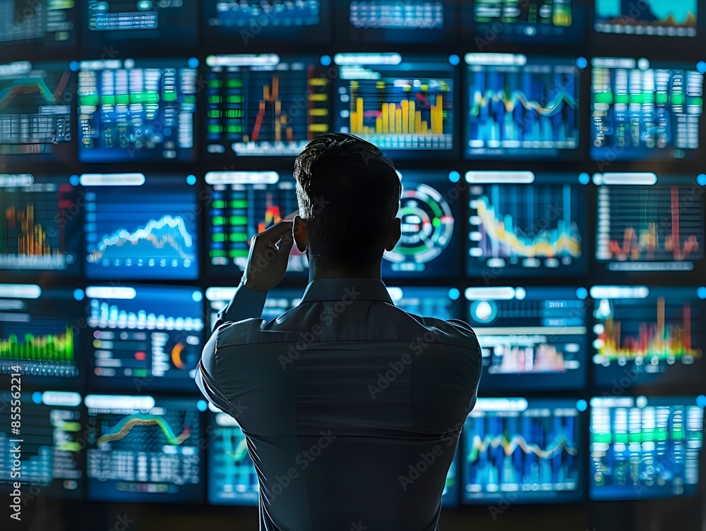 Aufkleber business leader reviewing market analytics on multiple digital screens in data driven environment