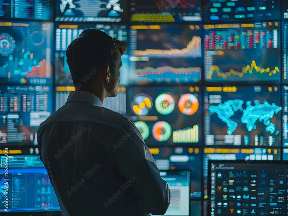 Poster business leader reviewing market analytics on multiple screens in a data driven environment