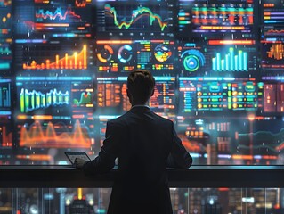 Business Leader Reviewing Market Analytics on Multiple Screens in Data Driven Environment