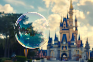 A whimsical bubble floats delicately in front of a majestic castle, creating a surreal and enchanting scene that blends fantasy and reality