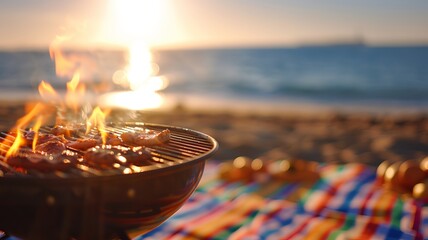 Sunny beach outing, family barbecue, sizzling grill, colorful picnic blankets, ocean backdrop, wide-angle shot, high-definition detail, joyful atmosphere,